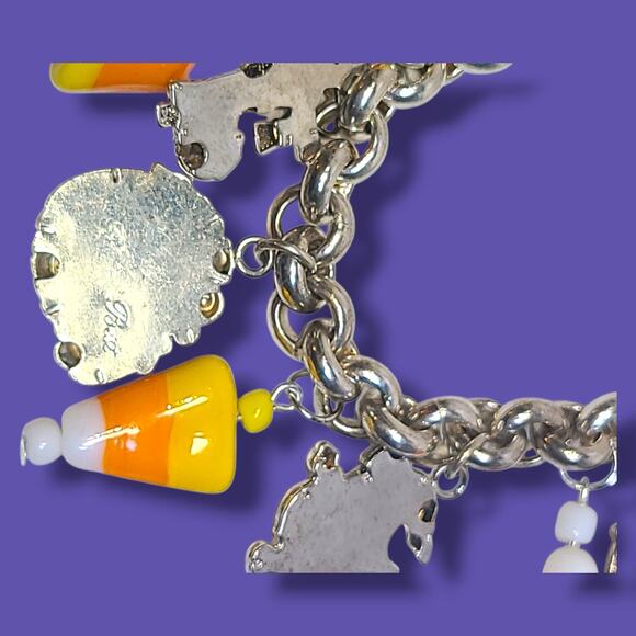 Vintage Silver Tone Halloween Charm Bracelet Glass Candy Corns Pumpkins 8" - Picture 5 of 6